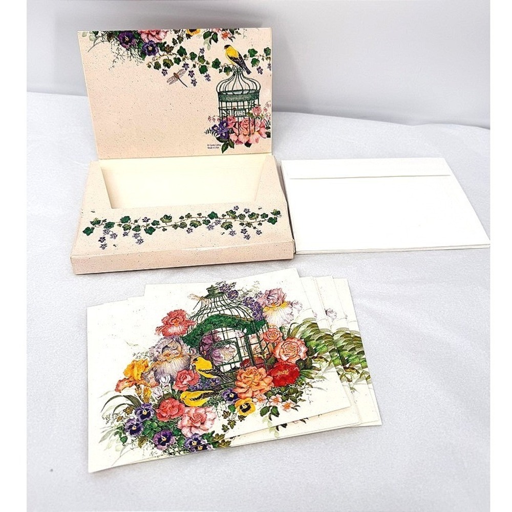VTG Blank Note Cards Sunrise Cyndy Callog Birdcage Flowers Stationery Bird Art
